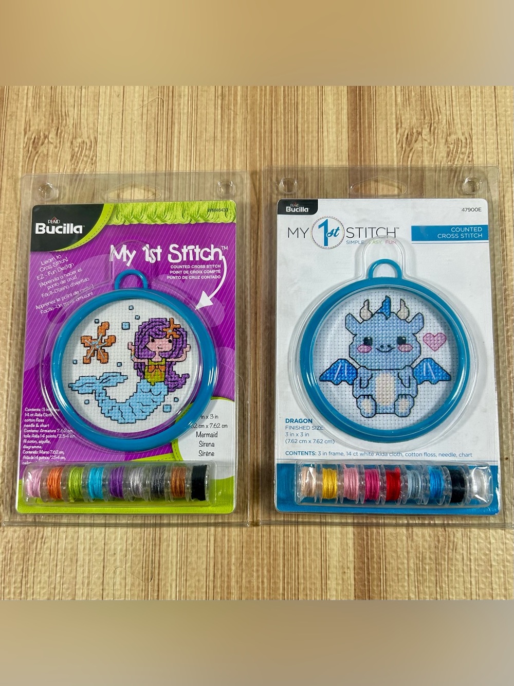 Cross Stitch Beginner Kits Set Of 2 Bucilla My First Stitch Mermaid Dragon NEW